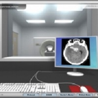 Animated picture of a computer monitor showing brain image with CT Scanner in background